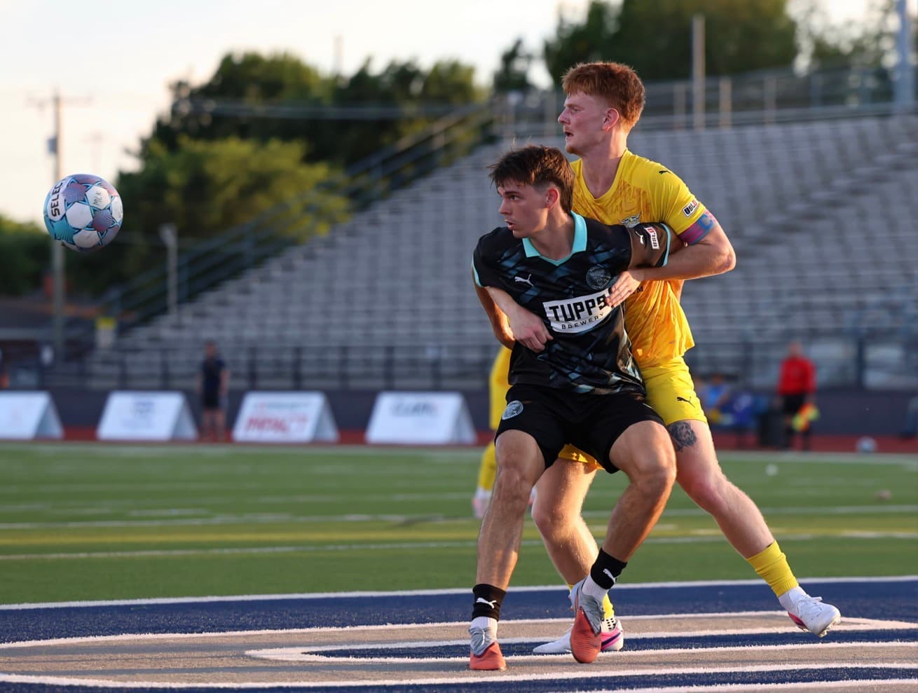 Cameron Garcia playing center back in a college soccer match
