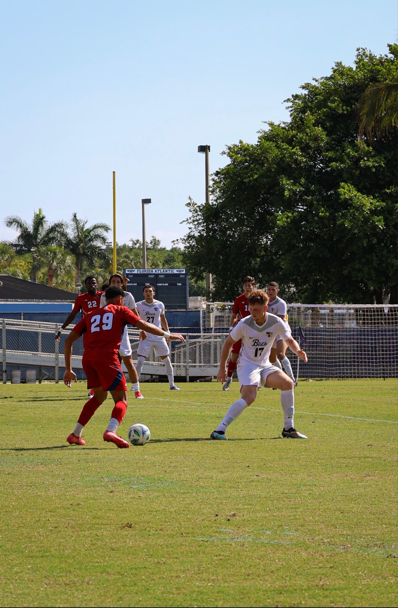 Cameron Garcia playing center back in a college soccer match